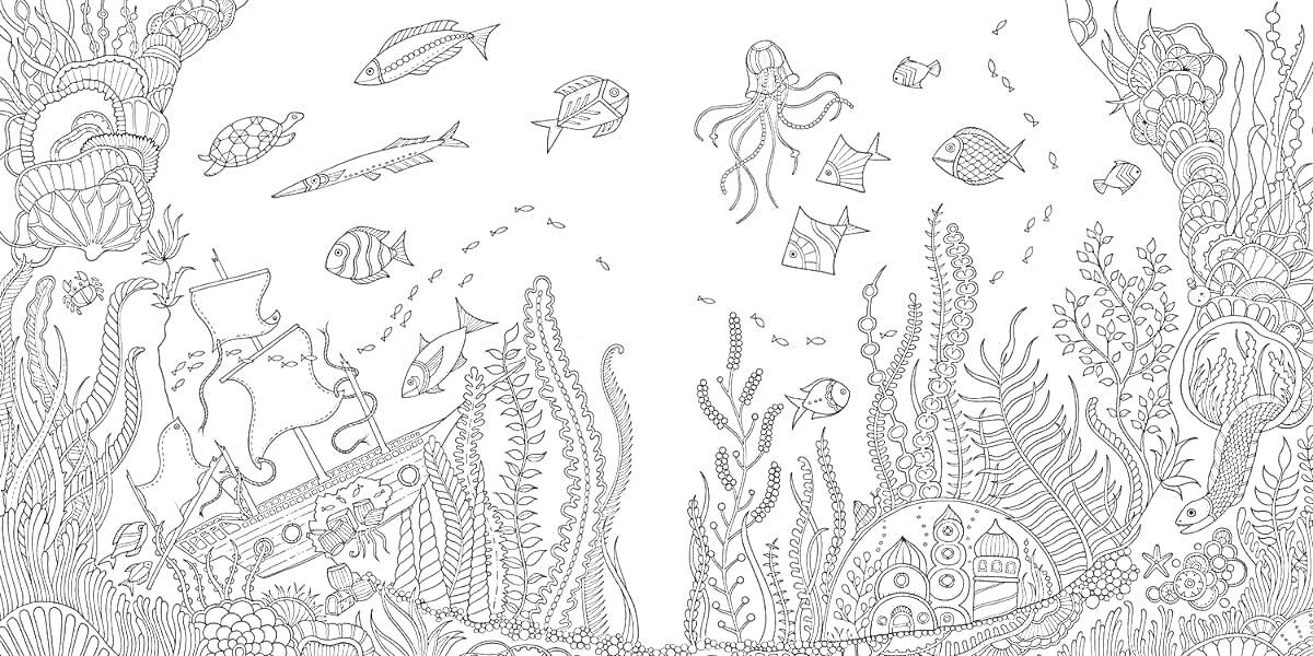 На раскраске изображено: Подводный мир, Затонувший корабль, Рыба, Кораллы, Водоросли, Море, Подводная флора