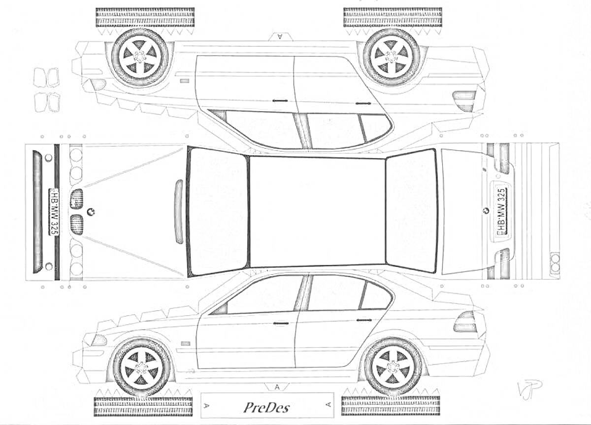 Раскраска Бумажная модель седана с боковыми, передними и задними деталями, включая колеса и окна.