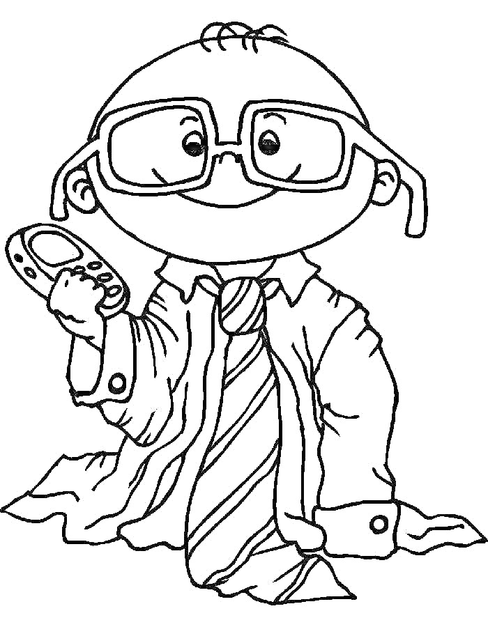 Мальчик в больших очках, держащий пульт, в рубашке и галстуке
