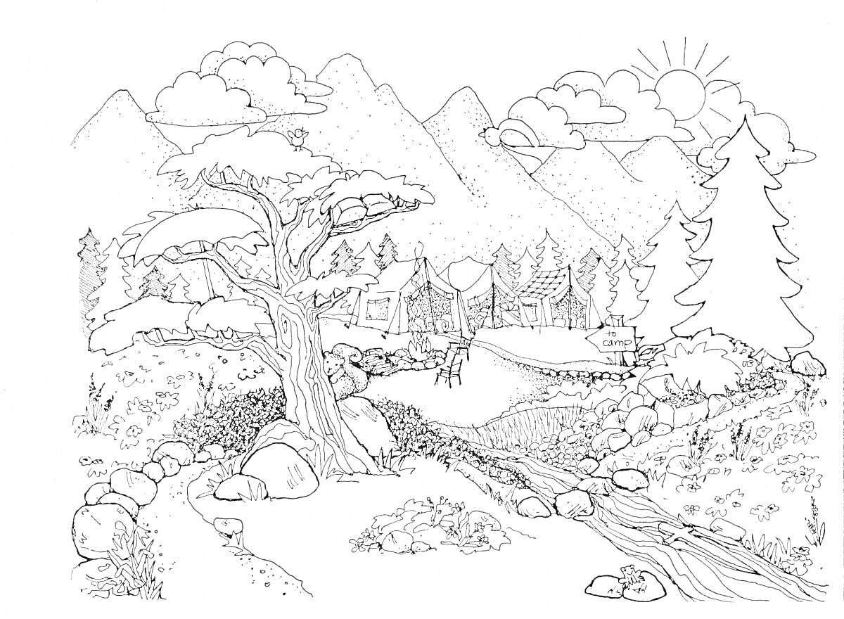 Раскраска Пейзаж с деревом, рекой, холмами, домами на заднем плане, горы, деревья, камни, солнце и облака