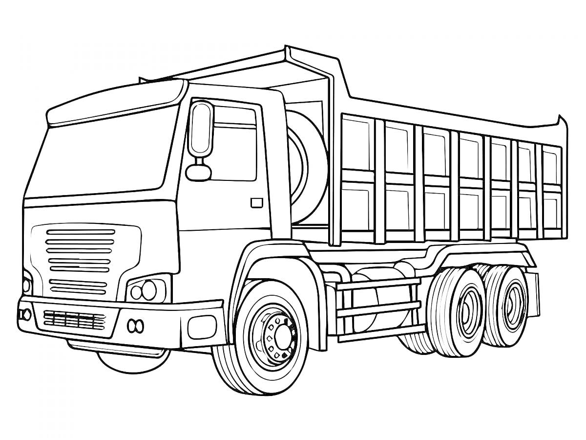 Раскраска Грузовая машина с кабиной и грузовым отсеком, изображение с детализированными колесами и бамперами