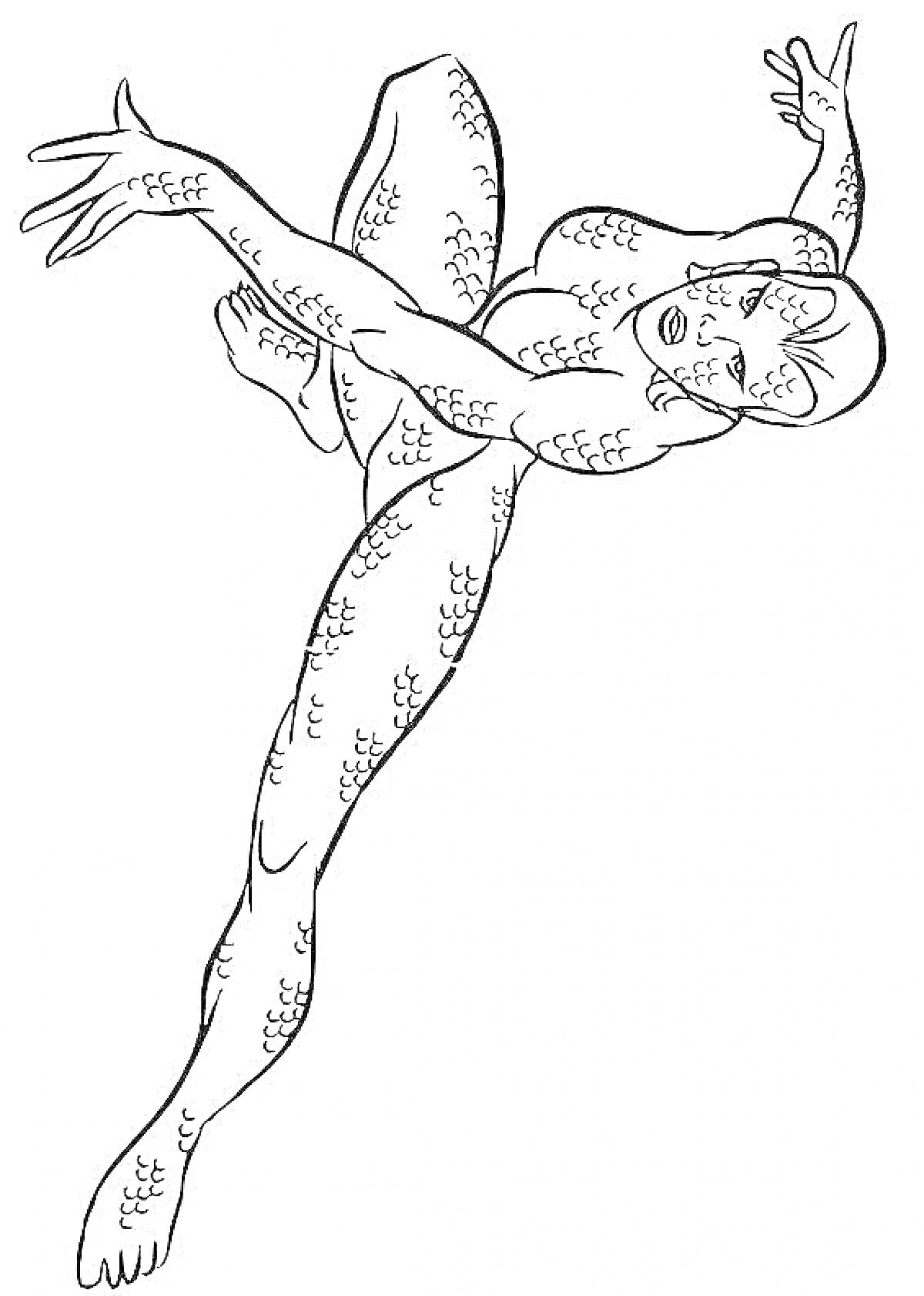 Раскраска Существо с чешуей и перепонками, позирует с вытянутыми конечностями