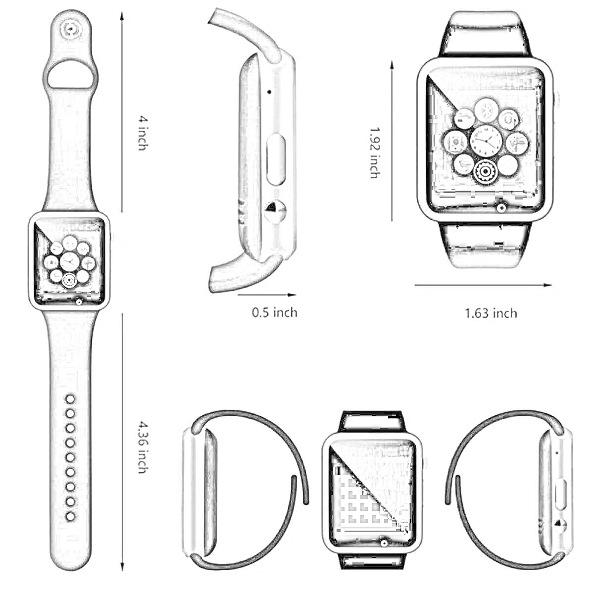 Раскраска Смарт часы с учетом размеров: длина ремешка 4.16 инча, ширина экрана 1.63 инча, высота 1.92 инча, толщина 0.5 инча, вид с переди, вид сбоку, вид сзади под углом.