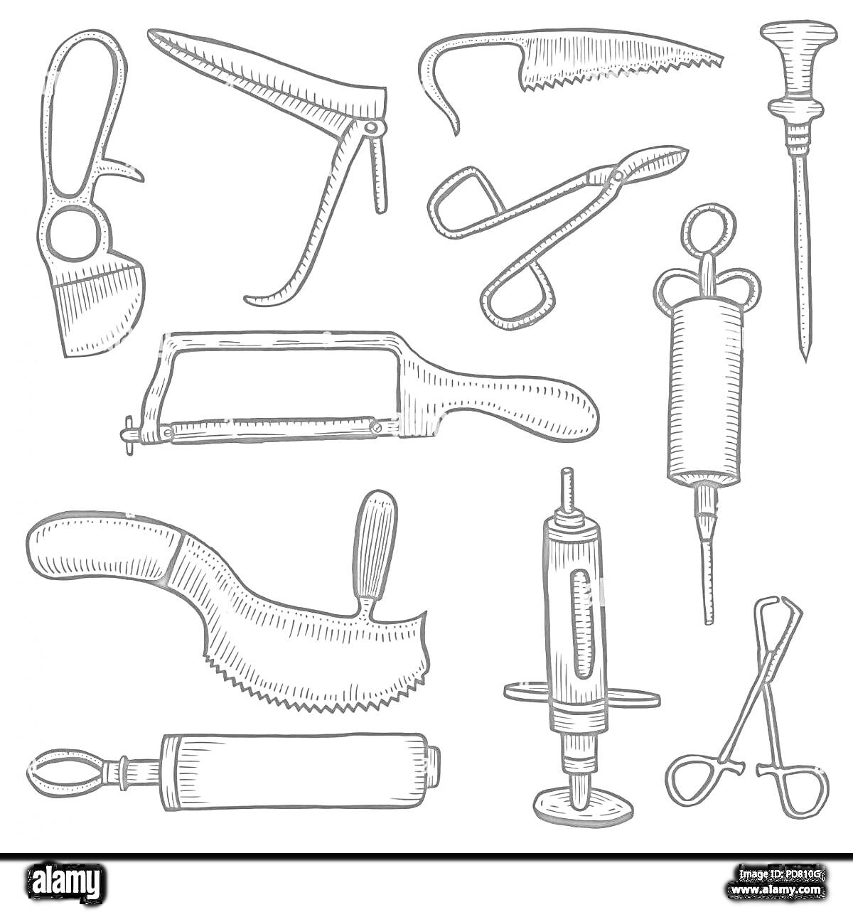 Раскраска Старинные медицинские инструменты — различные пилы, шприцы, ножницы и зажимы
