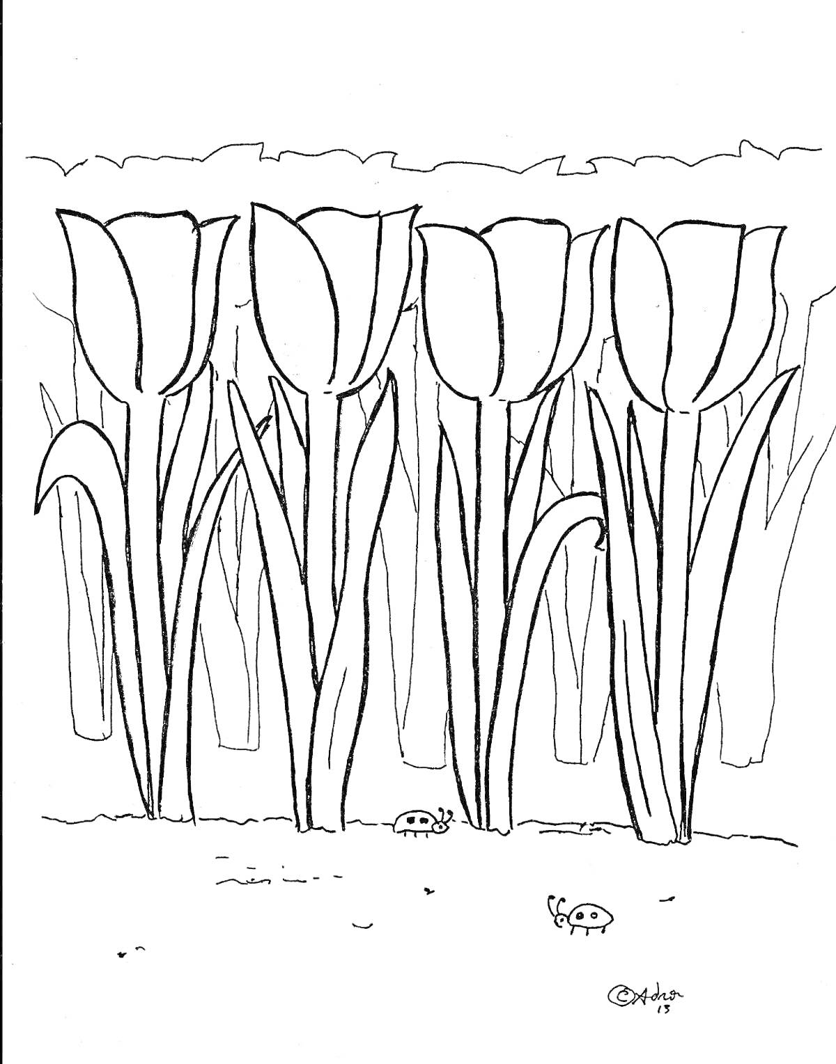 Раскраска Тюльпаны на поле с травой и божьими коровками
