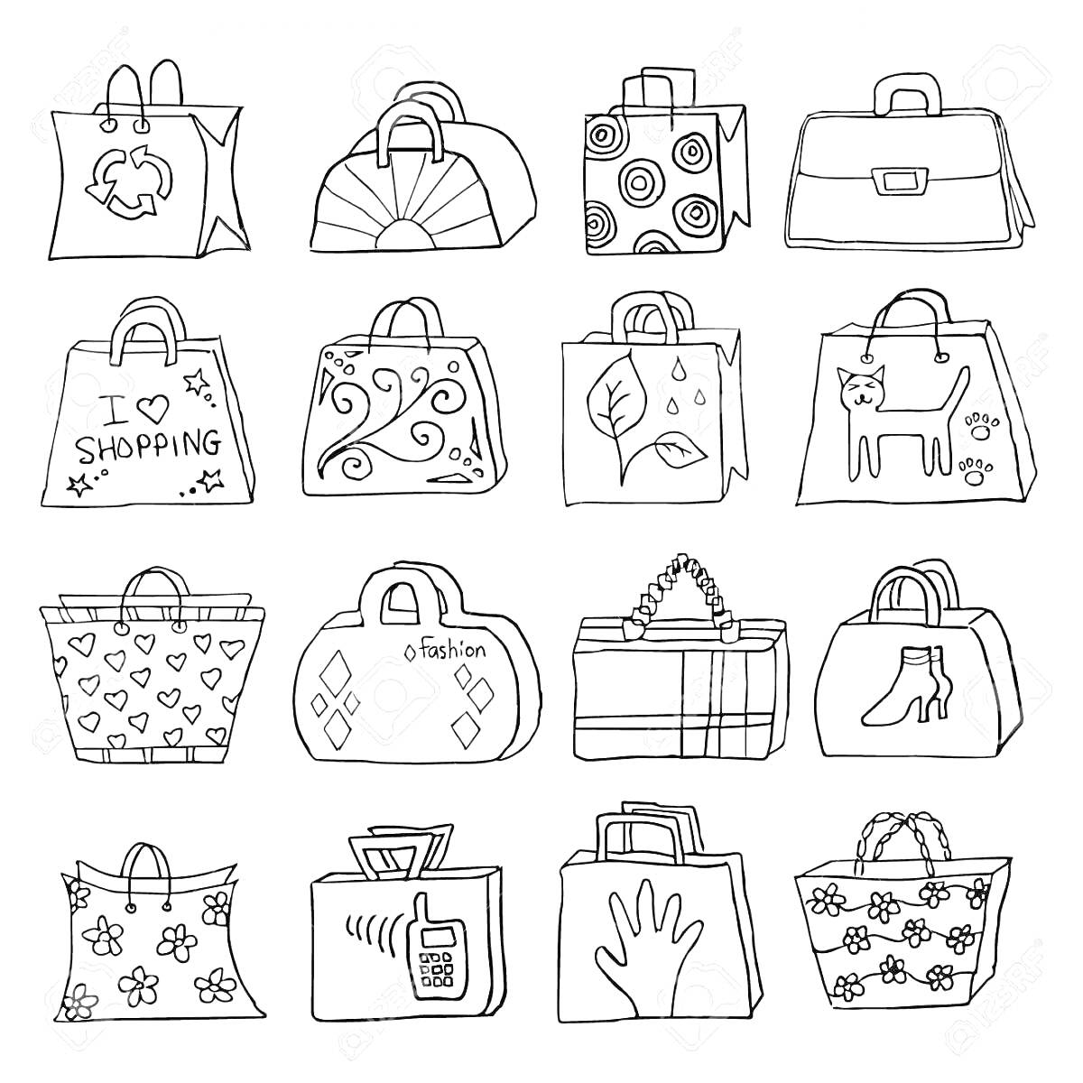 Рисунки на сумках (сумка с символом переработки, сумка с полукруглым узором, сумка с кругами, сумка-портфель, сумка с надписью 