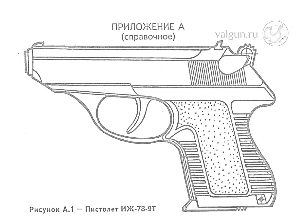 Раскраска Пистолет ИЖ-78-9Т с предохранителем и спусковым крючком
