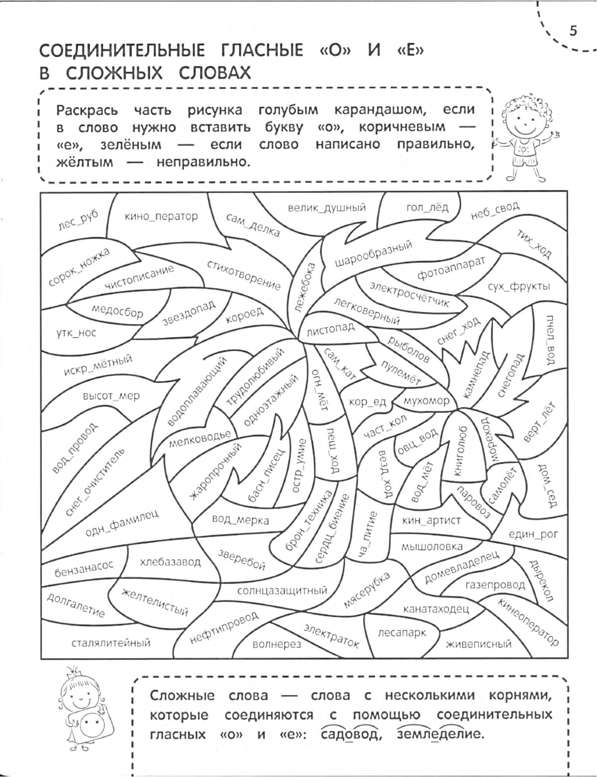 На раскраске изображено: Сложные слова, Русский язык, Правописание, Учебное пособие, 3 класс, Задания, Буквы, Слова, Обучение, Грамотность