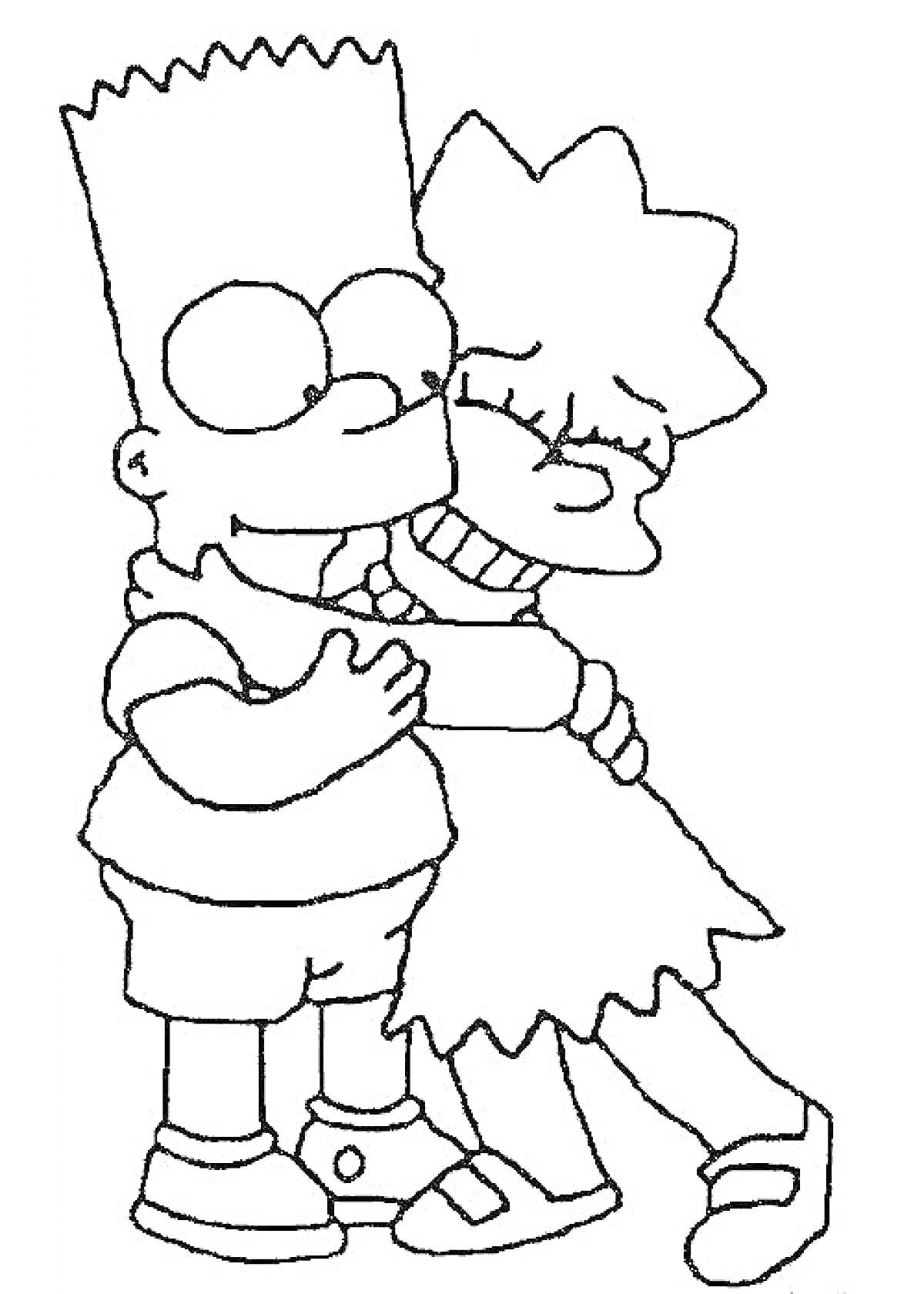 Раскраска Дети Симпсонов - мальчик в футболке и шортах обнимает девочку в платье