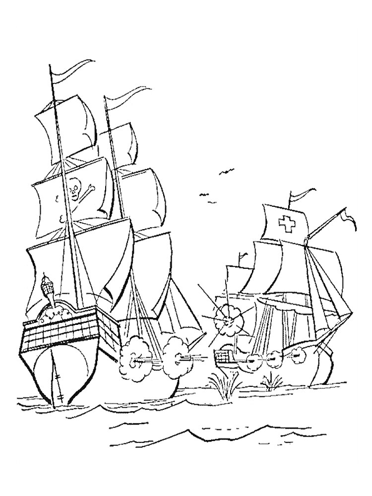 На раскраске изображено: Пиратский корабль, Пираты, Корабль, Сражение, Паруса, Море, Флаг, Пушка