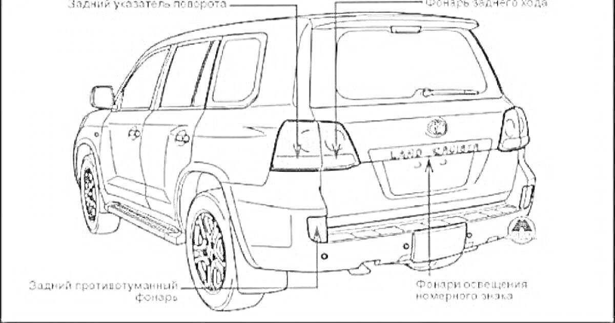 Раскраска Раскраска автомобиля Тойота Ленд Крузер 200 с указанием задних указателей поворота, противотуманного фонаря, правого заднего хода и фонарей освещения номерного знака