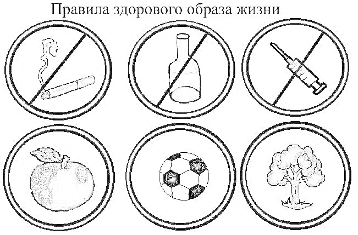 Раскраска Правила здорового образа жизни - запрет на курение, алкоголь и наркотики, правильное питание, спорт, природа
