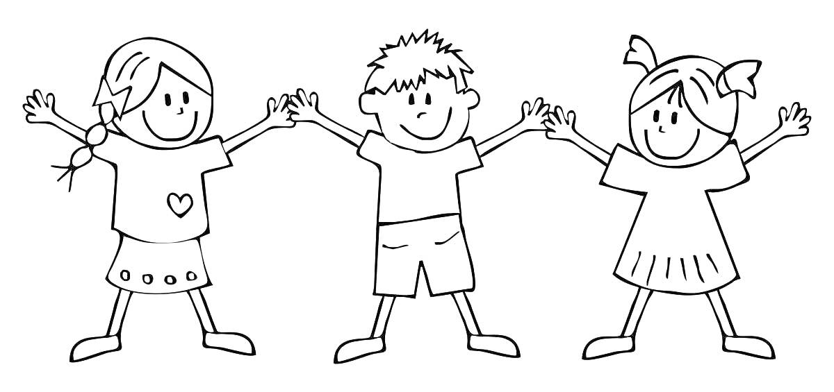 На раскраске изображено: Друзья, Мальчик, Держатся за руки, Радость, Дружба