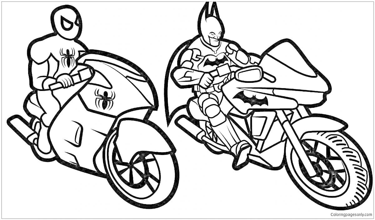 Раскраска Человек-паук и Бэтмен на мотоциклах