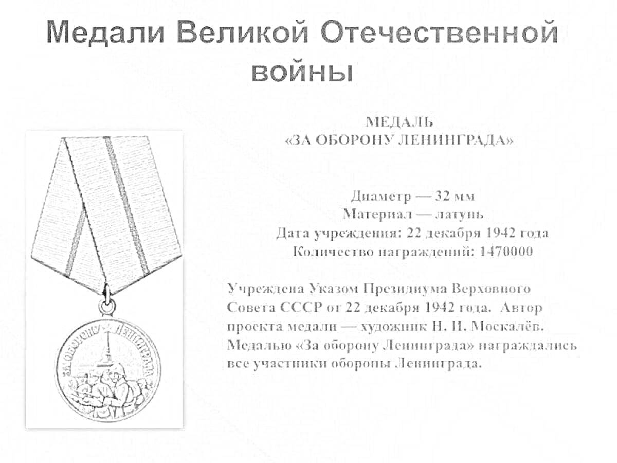 На раскраске изображено: Медаль, Ленинград, Оборона, Великая Отечественная война, СССР, Текст, Материал, Дата