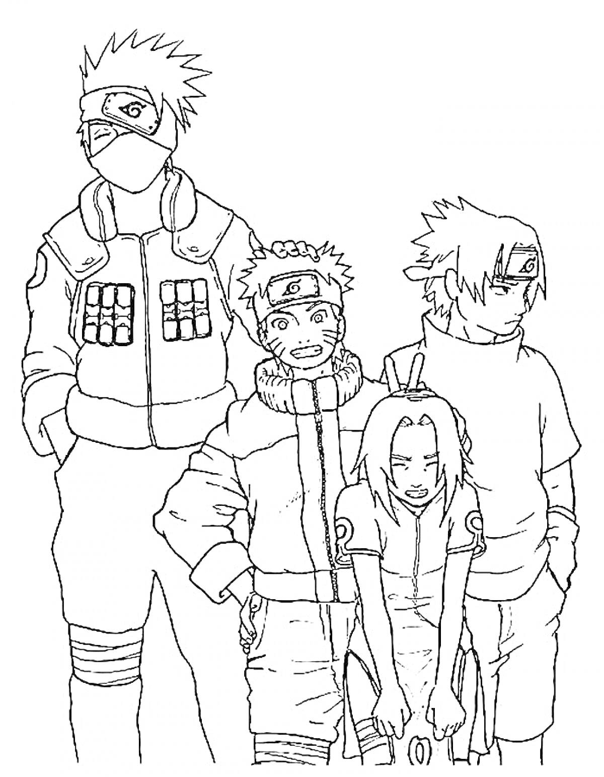Раскраска Четыре персонажа из Наруто: учитель и три ученика