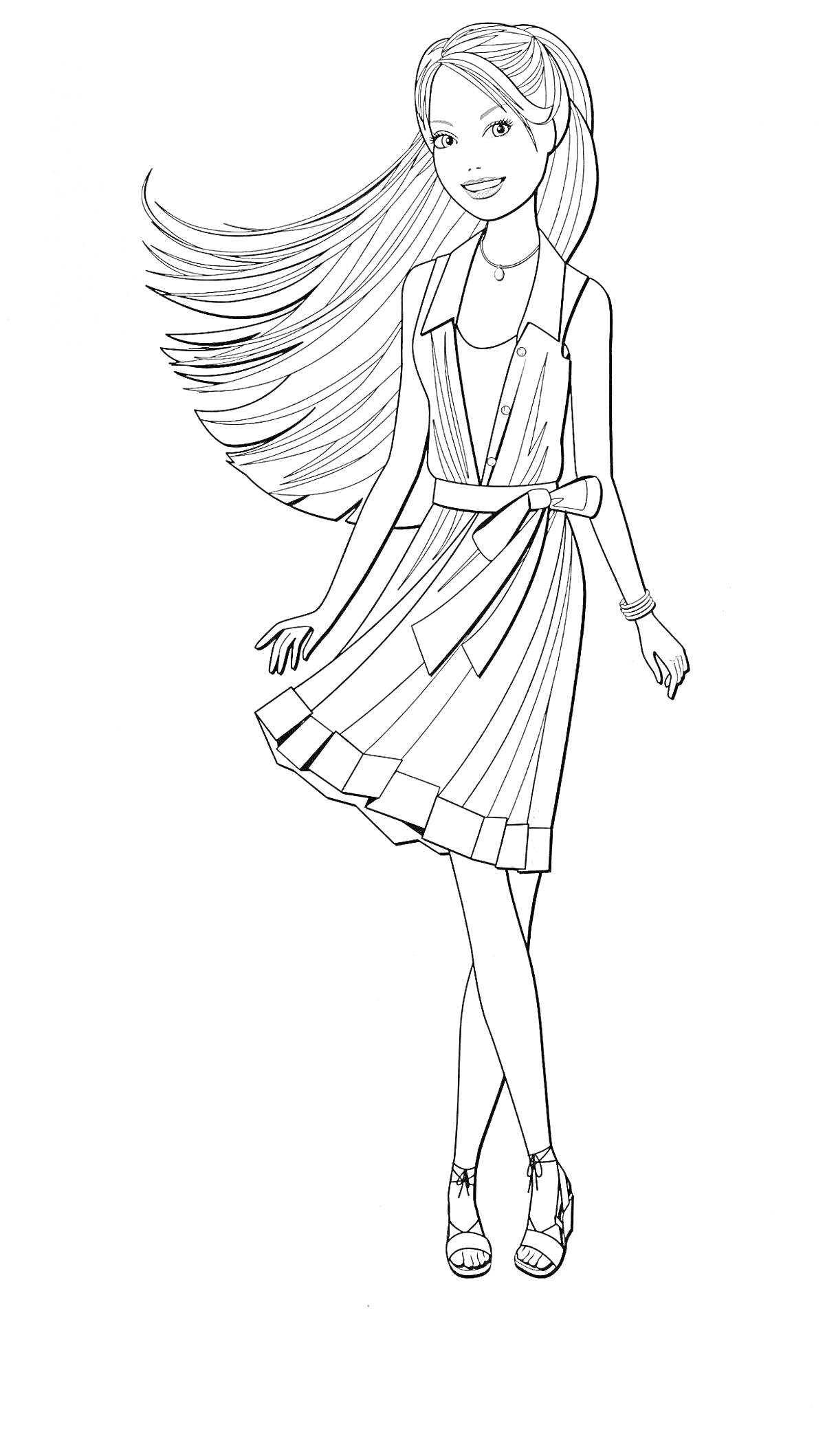 Девушка в платье и босоножках с развевающимися волосами