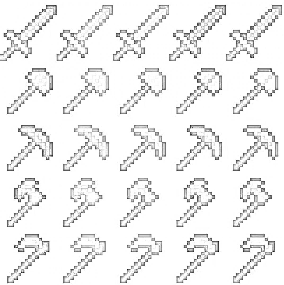 Раскраска Майнкрафт инструменты - мечи, лопаты, кирки, топоры