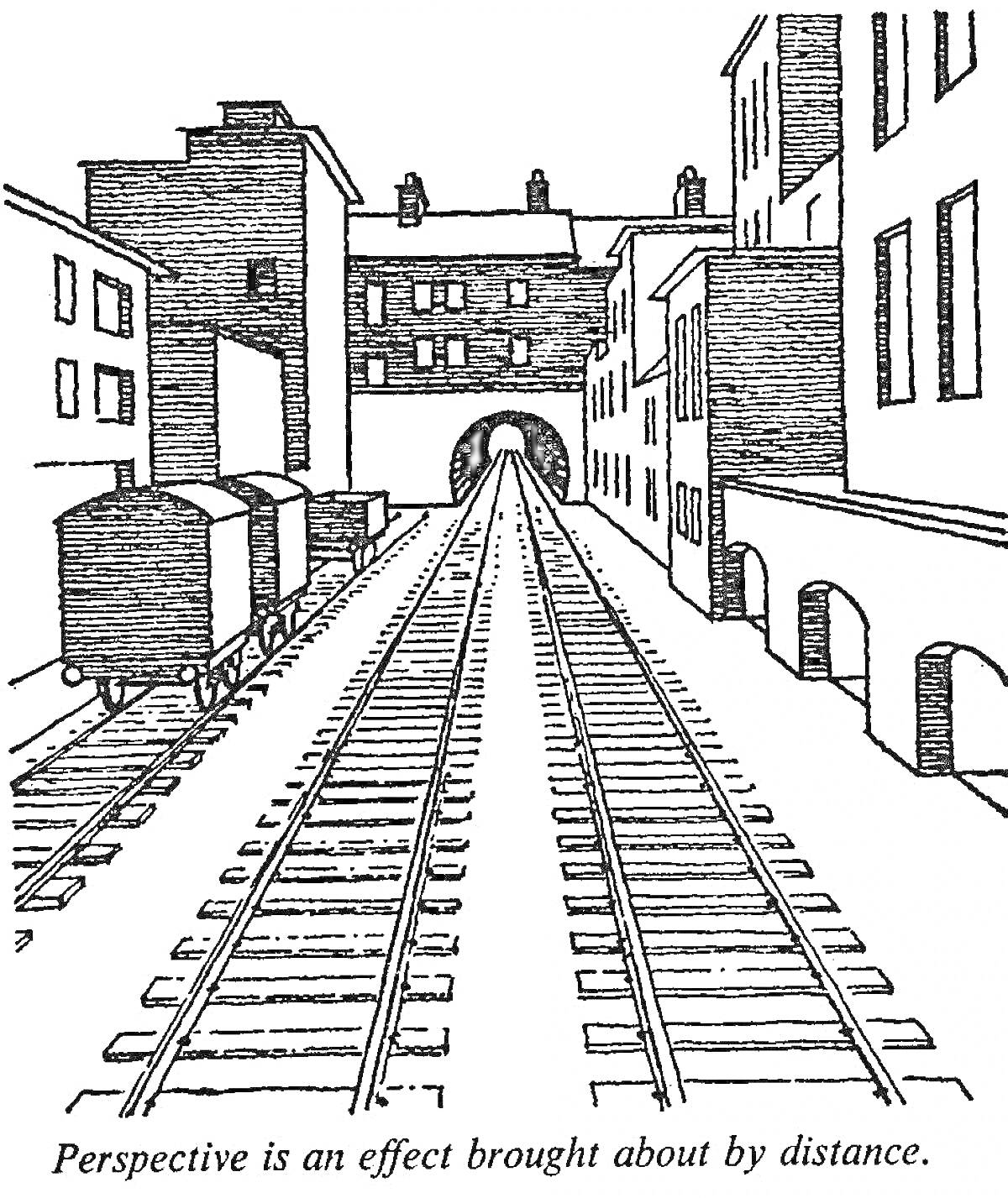 Вокзал с путями и вагонами, уходящими в туннель на фоне зданий