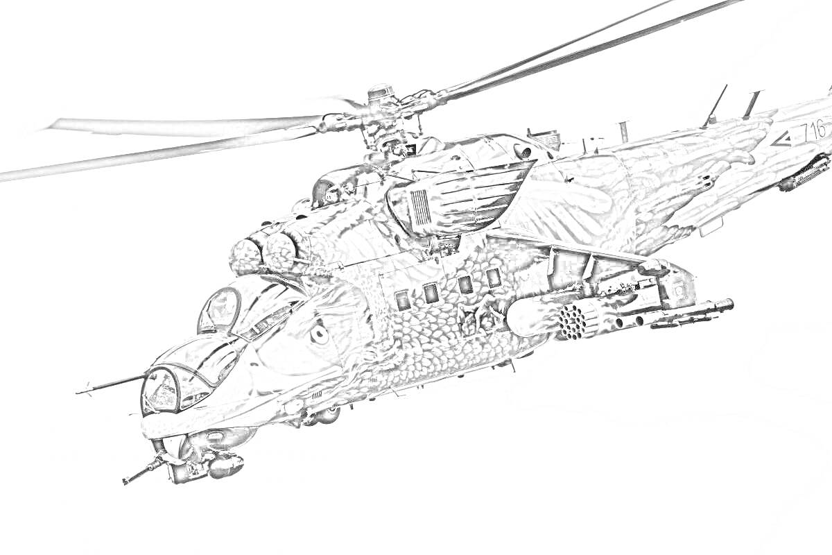На раскраске изображено: Ми-24, Вертолет, Полет, Авиация, Военная техника, Винт, Крылья