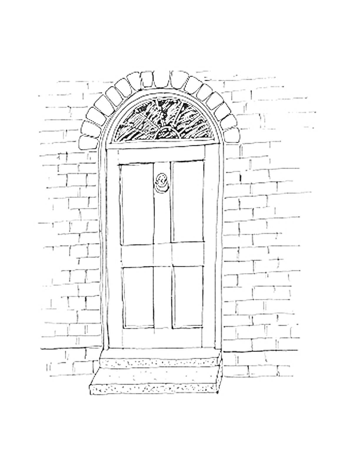 На раскраске изображено: Дверь, Арочное окно, Кирпичная стена, Архитектура