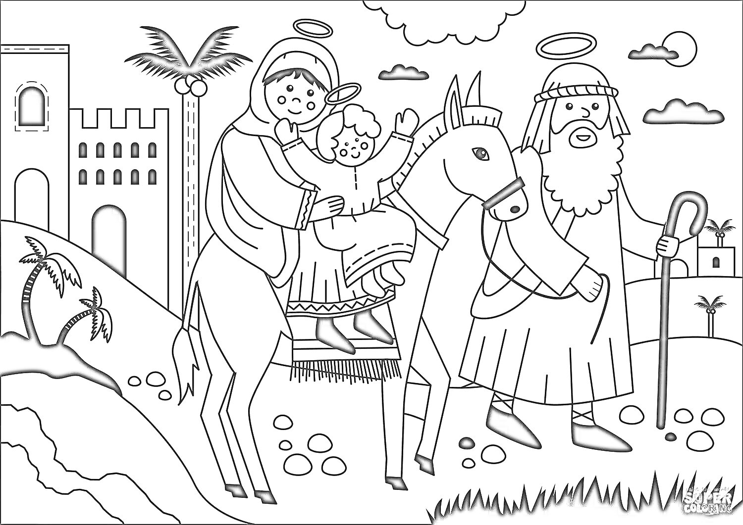 Раскраска Святое семейство на осле, Иосиф с посохом, пальмы, здания, холмы, облака