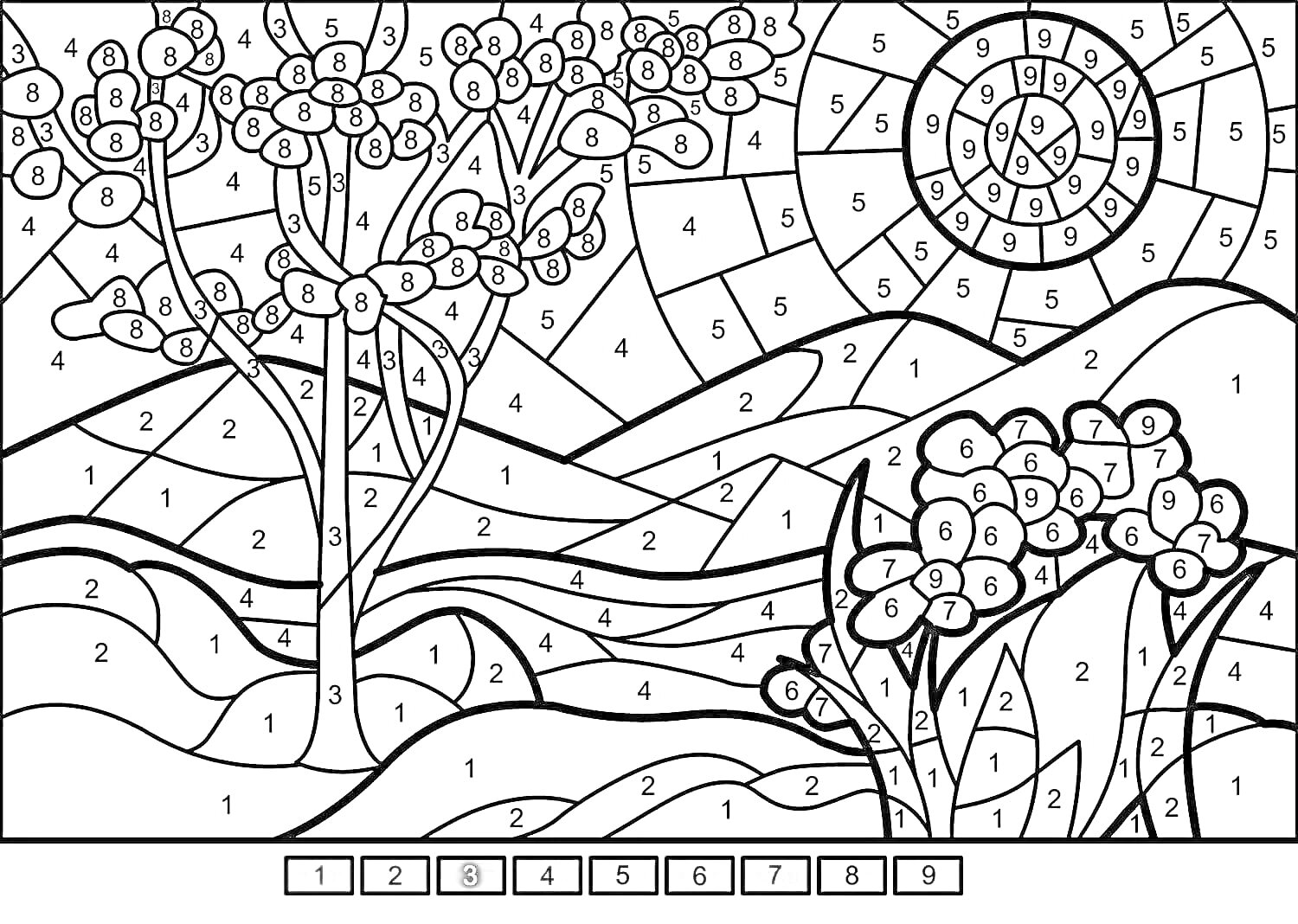 На раскраске изображено: По номерам, Цветы, Деревья, Холмы, Солнце, Пейзаж, Природа, Своими руками