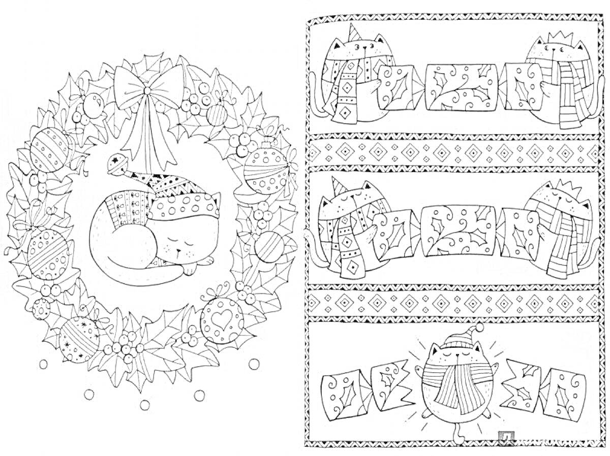На раскраске изображено: Новогодние коты, Рождественский венок, Бант, Открытки, Шарф, Снежинки