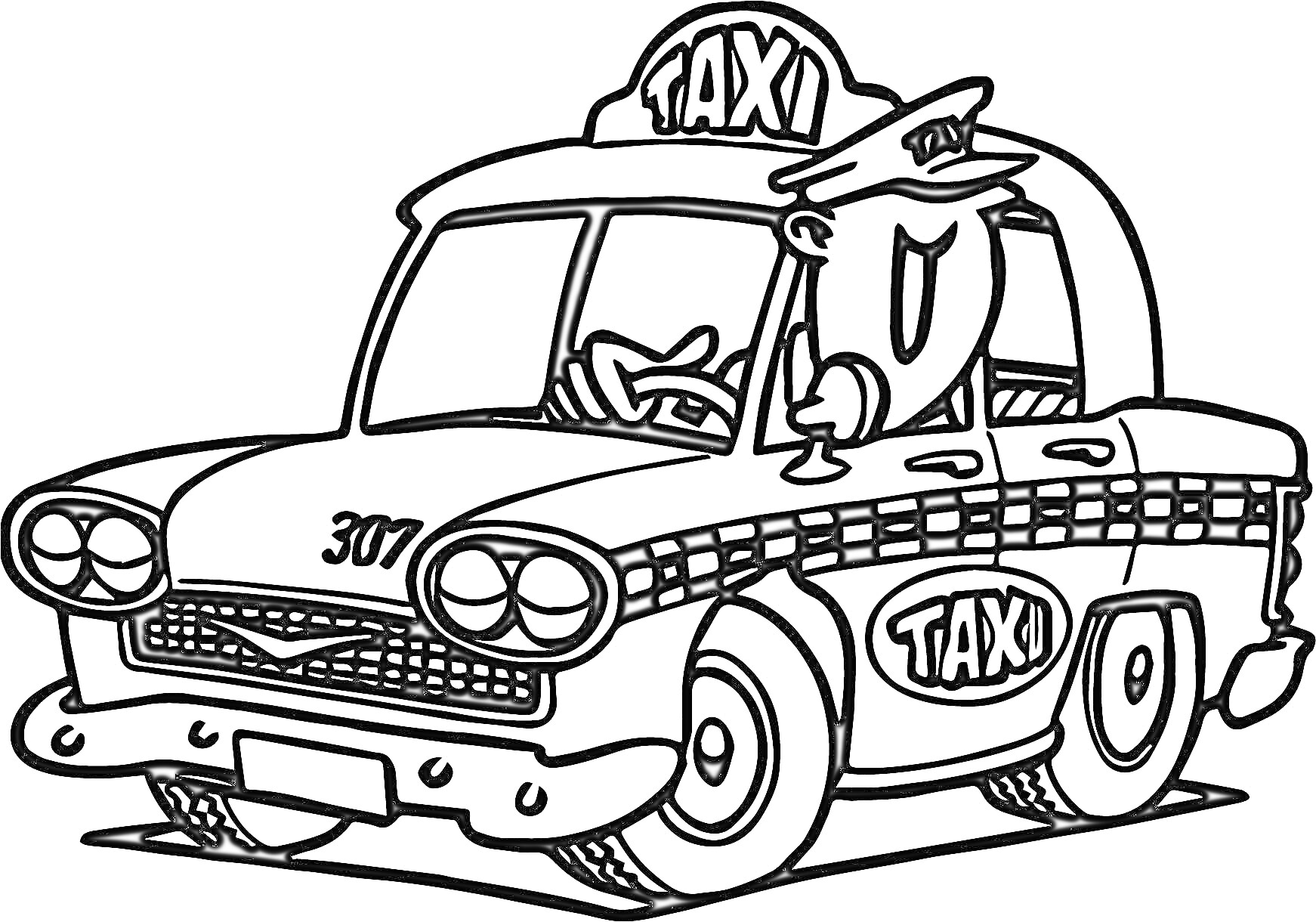На раскраске изображено: Такси, Водитель, Перевозка, Городской транспорт, Авто