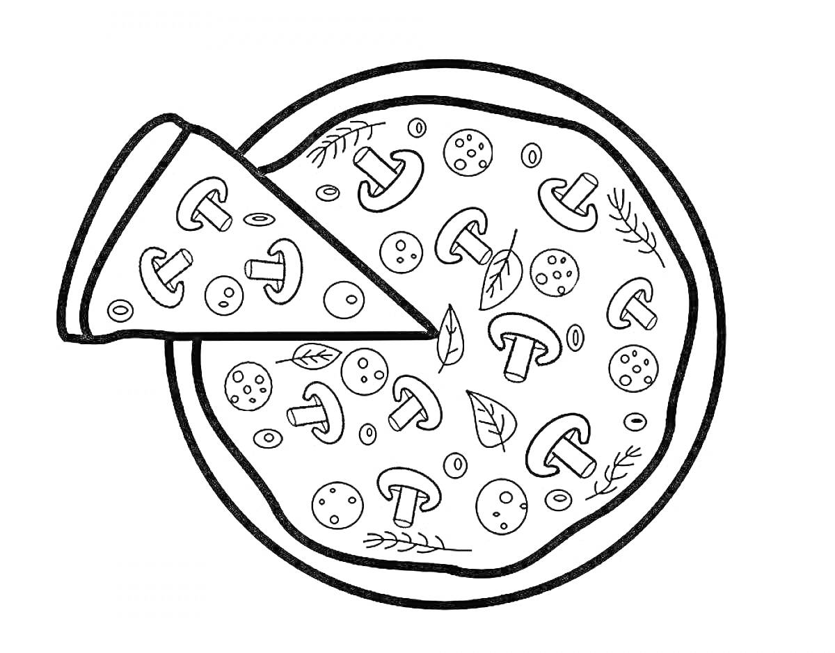 На раскраске изображено: Пицца, Грибы, Зелень, Еда