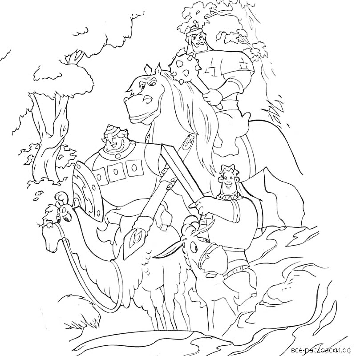 На раскраске изображено: Три богатыря, Лес, Деревья, Доспехи