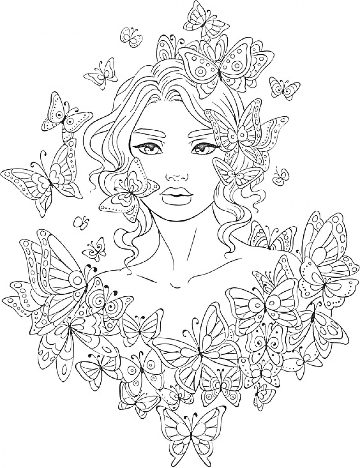 Раскраска Женский портрет с бабочками вокруг