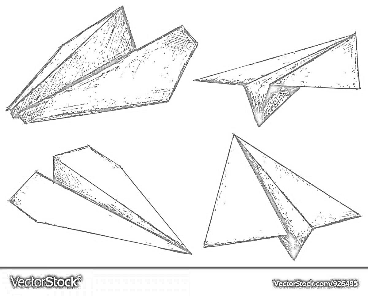 Раскраска четыре бумажных самолета разных видов, черно-белый эскиз