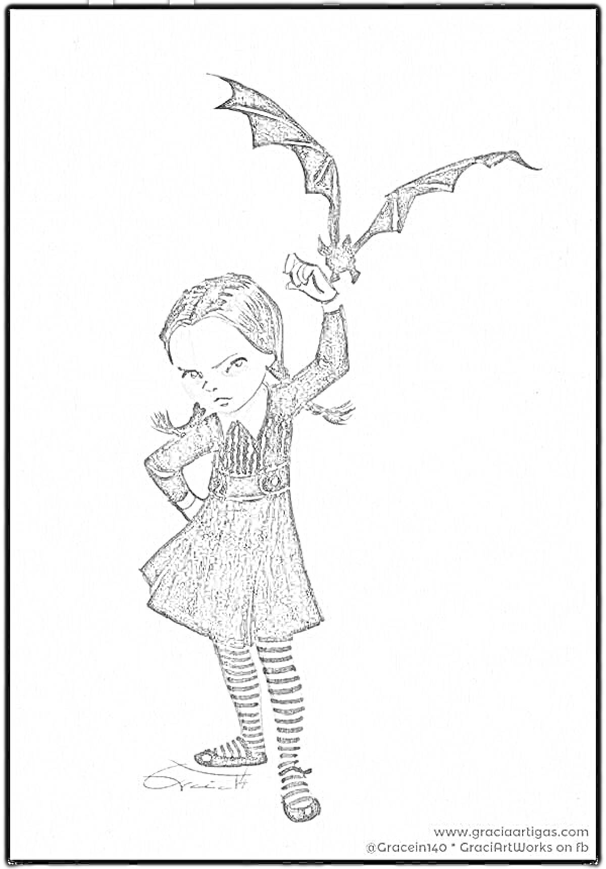 Раскраска Девочка в чёрной одежде с косичками, держащая летучую мышь