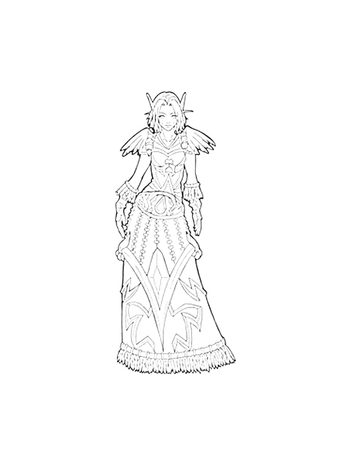 Раскраска Женский персонаж из вселенной Варкрафт в длинном платье с узорами, с крыльями на плечах и рогами на голове