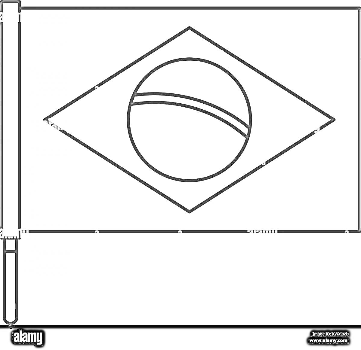 Раскраска с изображением флага Бразилии с диагональным квадратом и кругом, пересекаемым полосой, на флагштоке