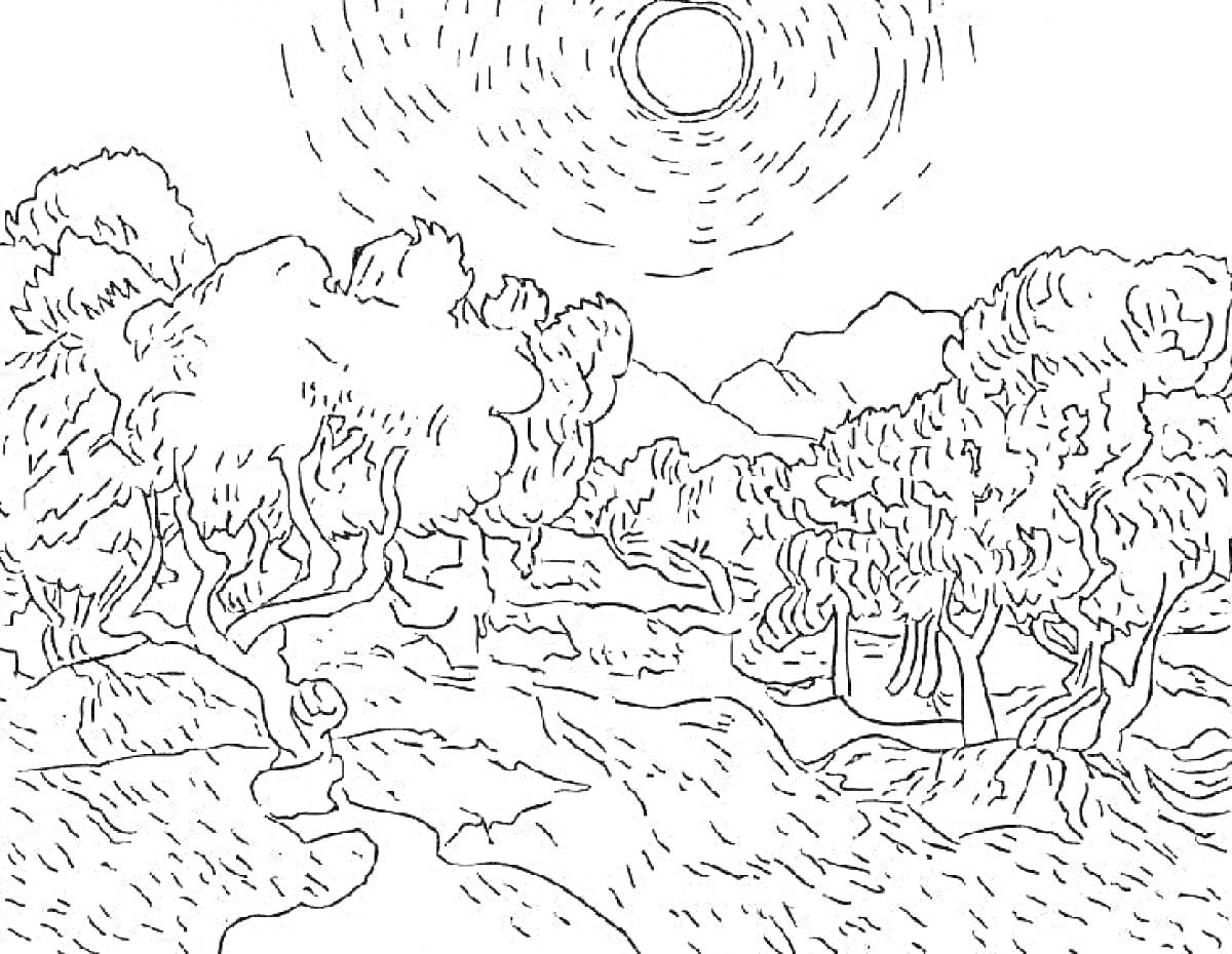 Раскраска Пейзаж с деревьями, солнцем и горами