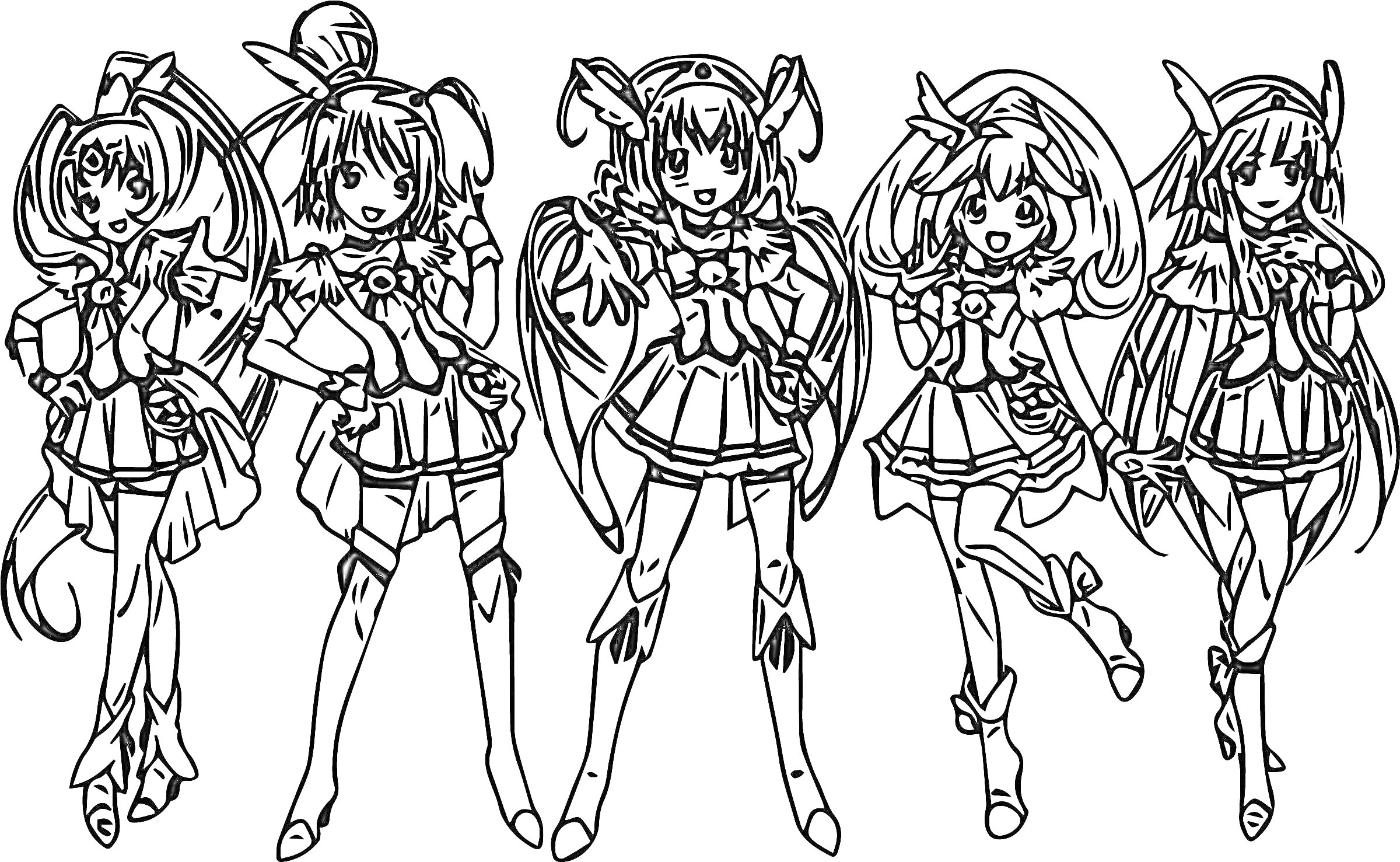 Раскраска Пять девушек из аниме 