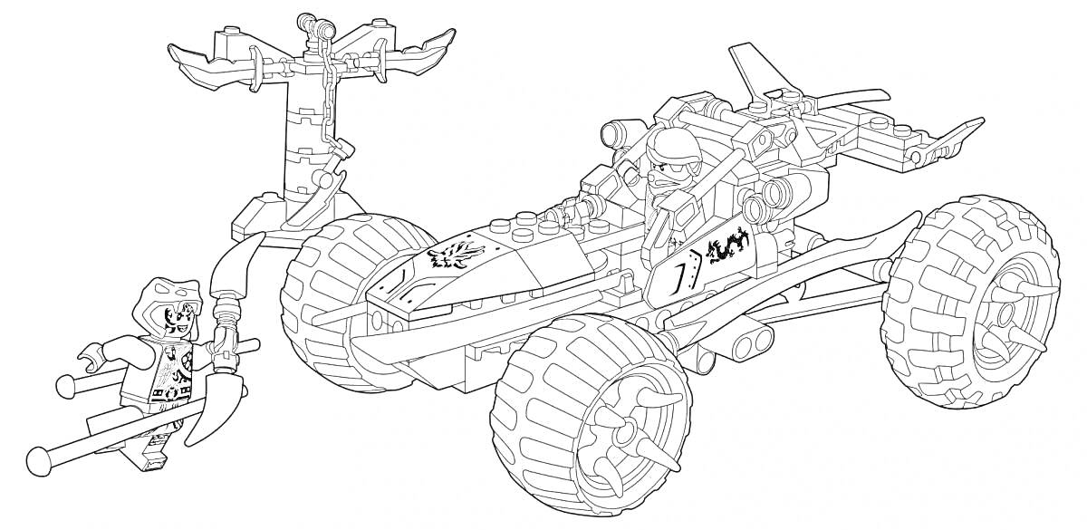 Раскраска Лего машинка с двумя минифигурками и большим краном