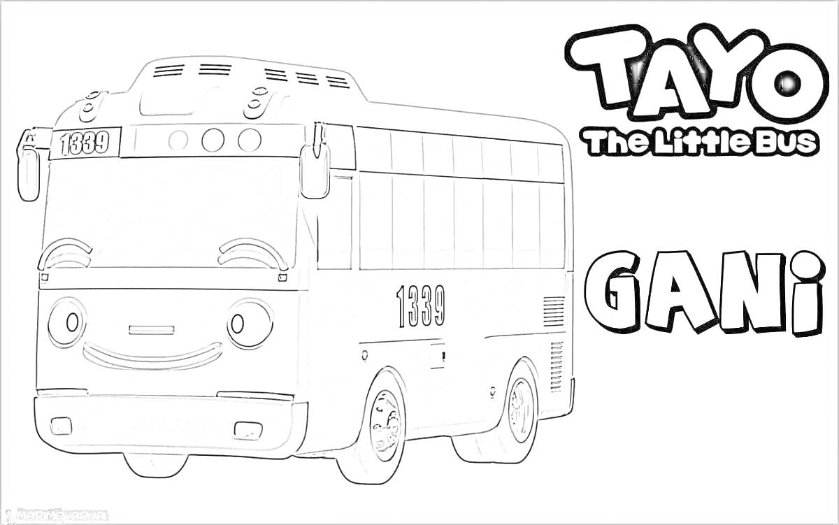 На раскраске изображено: Маленький автобус, Тайо, Мультяшный автобус, Транспорт