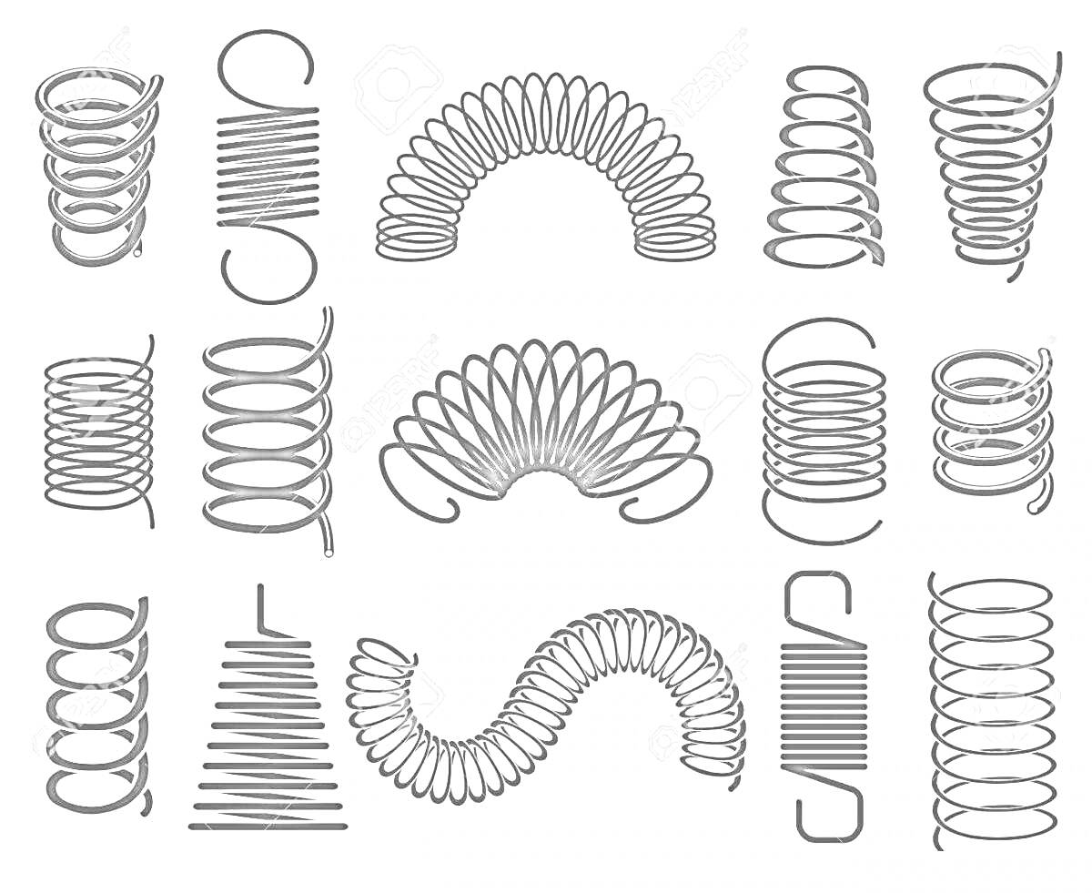 Раскраска Разные виды пружинок: спирали, зигзаги, изгибы и волны