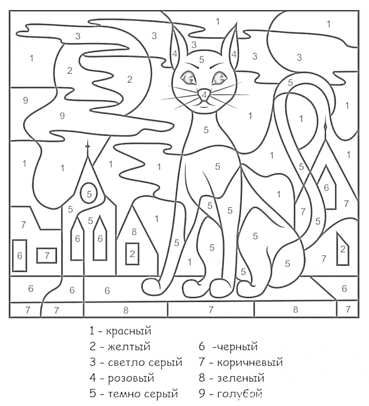 На раскраске изображено: По номерам, Кот, Ночь, Облака, Здания