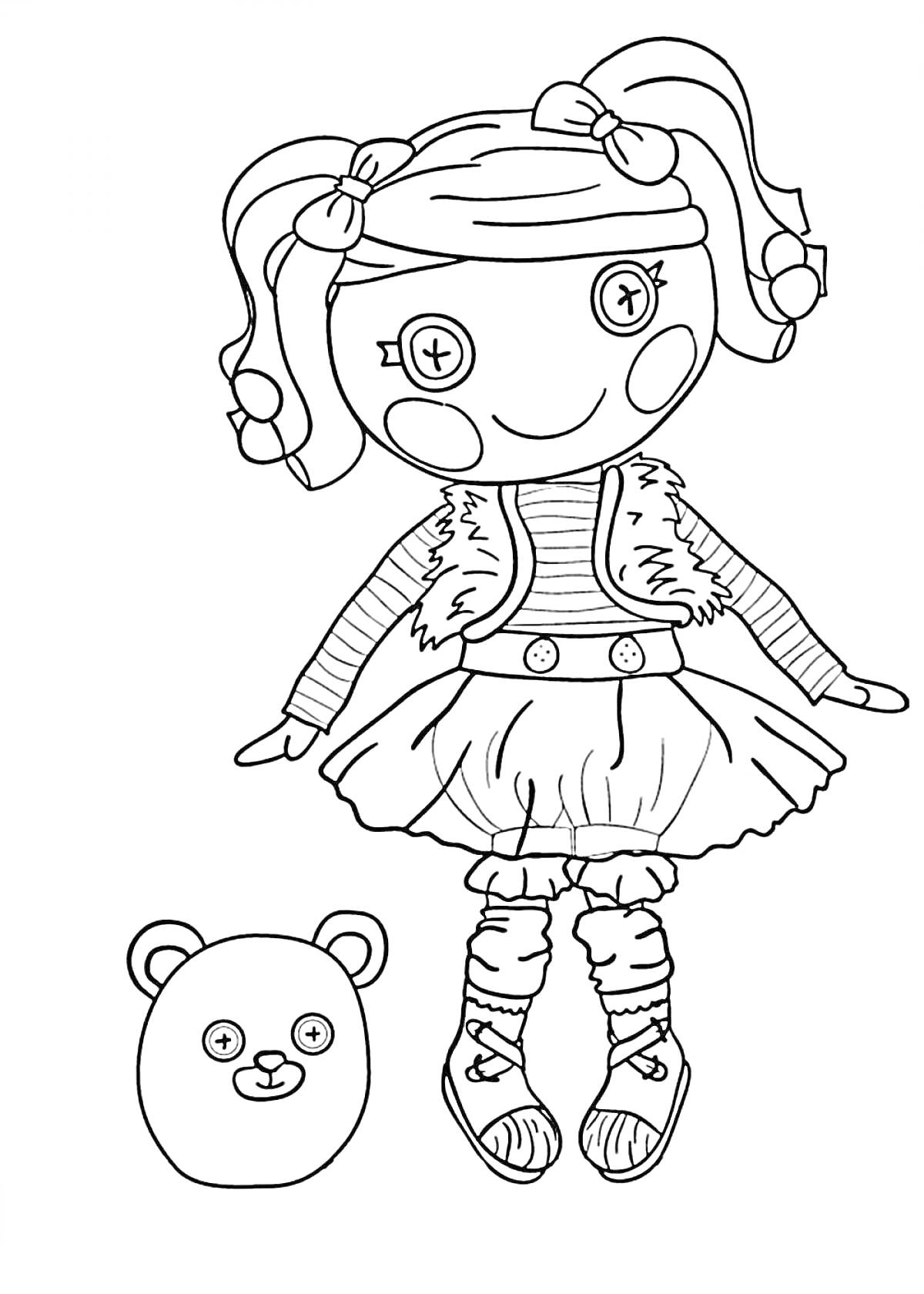 Раскраска Лалалупси с мишкой, кнопочные глаза, лента в волосах, жилетка, юбка, чулки, туфли, медведь с носом пуговицей