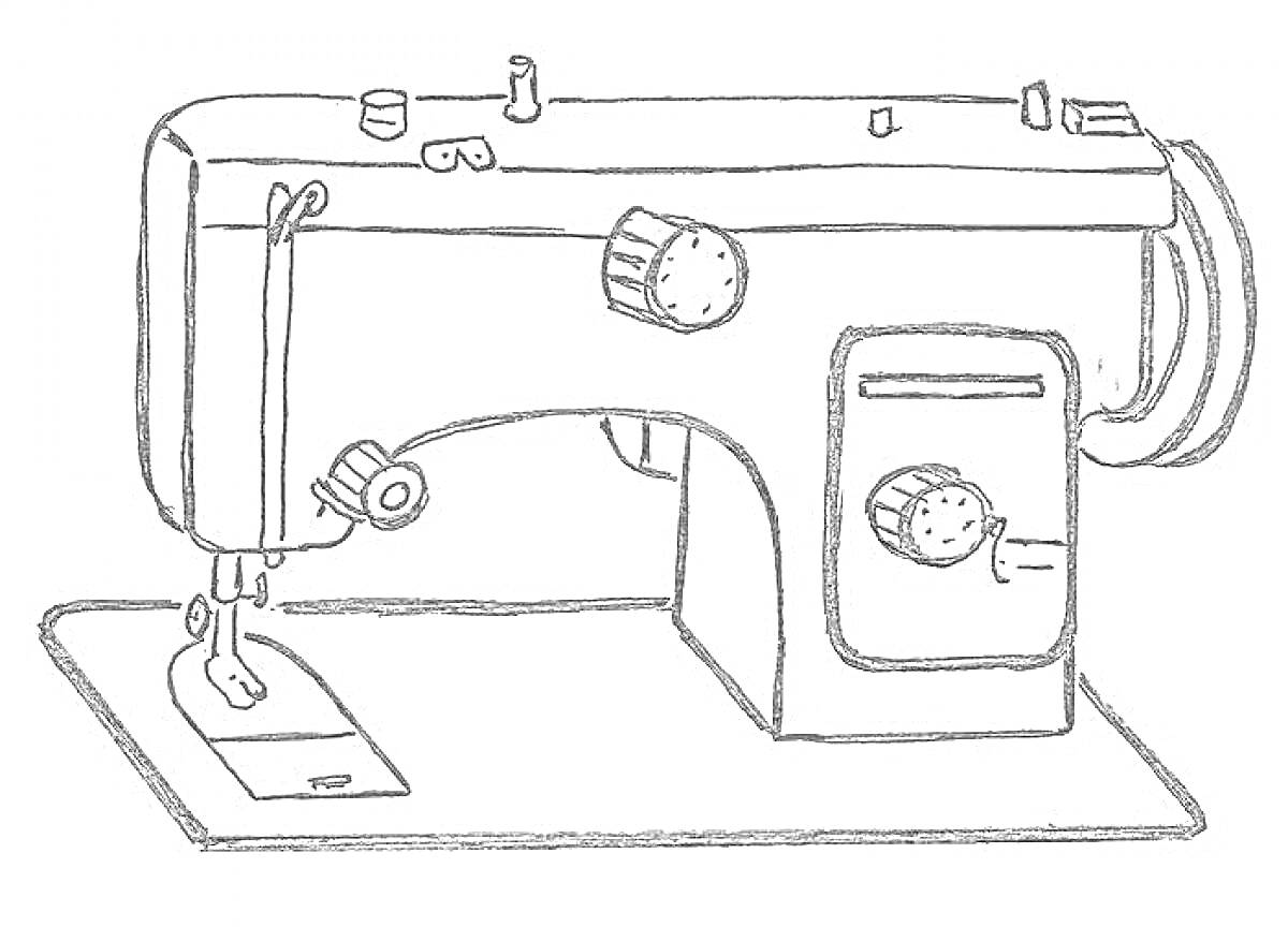 Раскраска Швейная машинка с ручками регулировки и игольной пластиной