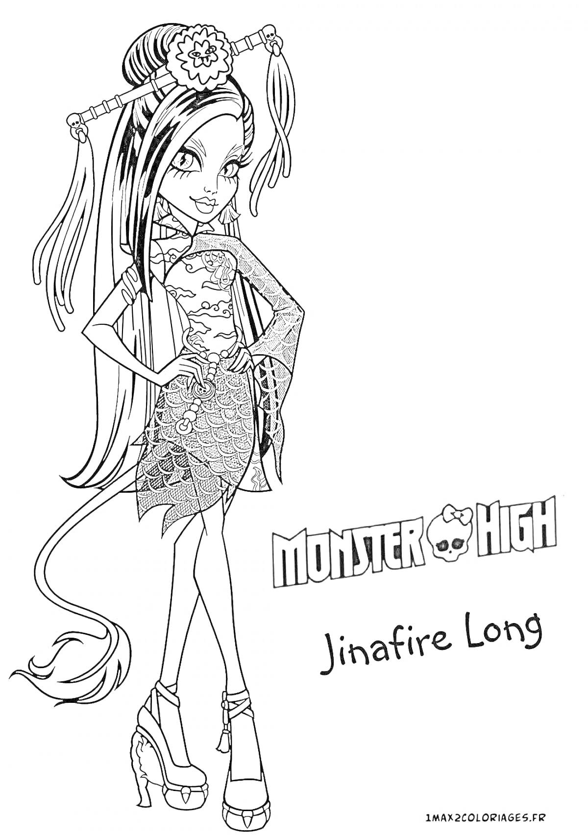 Раскраска Jinafire Long из Monster High в модном костюме с китайскими элементами