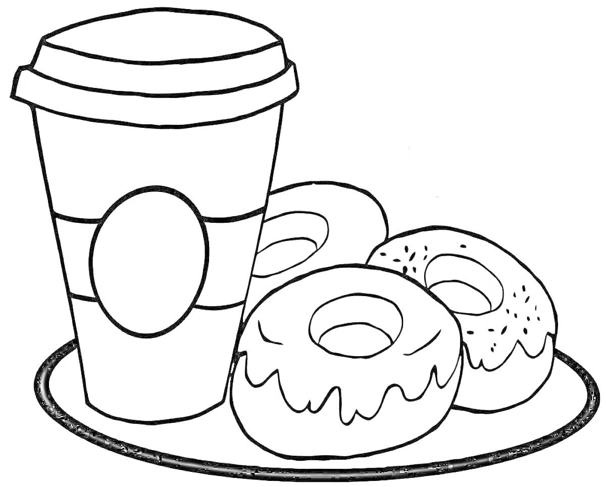 Раскраска Стакан кофе и три пончика на тарелке