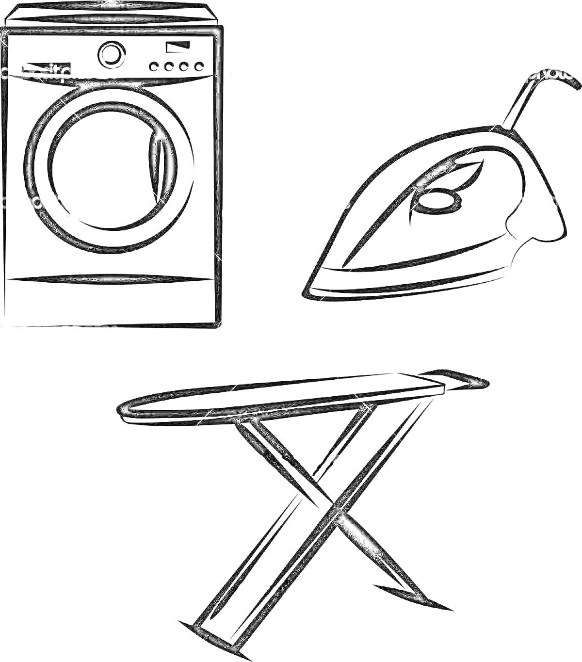 На раскраске изображено: Уход за одеждой, Стиральная машина, Утюг, Гладильная доска, Стирка, Глажка, Бытовая техника