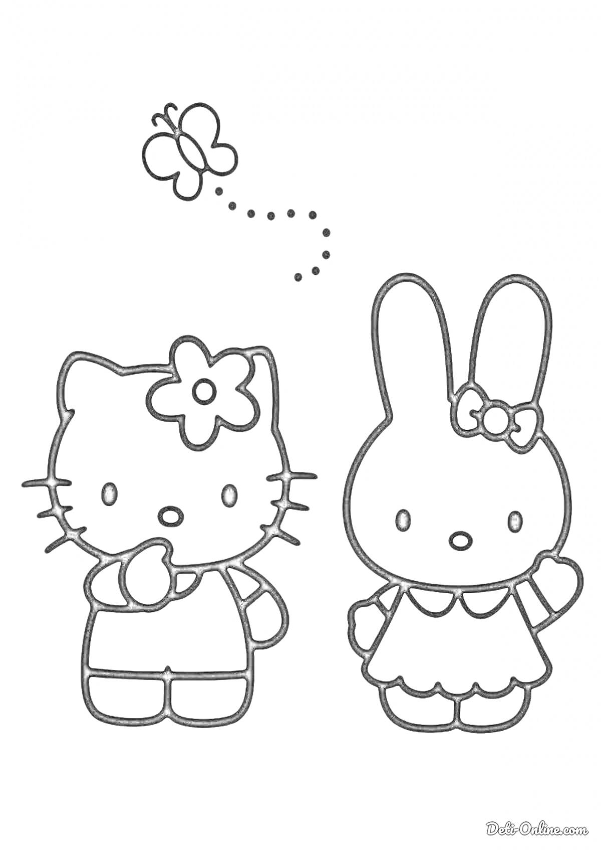 Раскраска Кошечка с цветочком на голове, кролик с бантом и бабочка