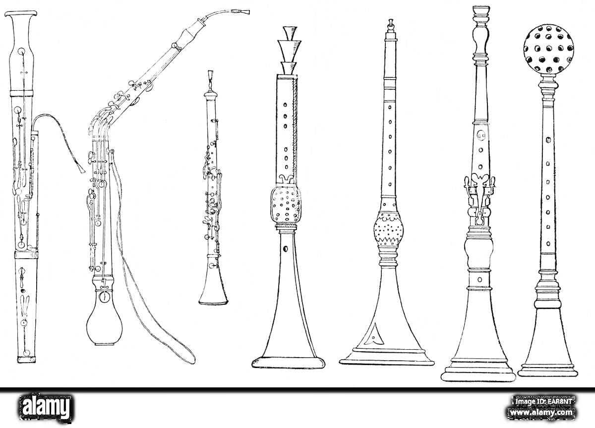 На раскраске изображено: Музыкальные инструменты, Иллюстрация, Кларнет, Флейта, Саксофон, Дудка