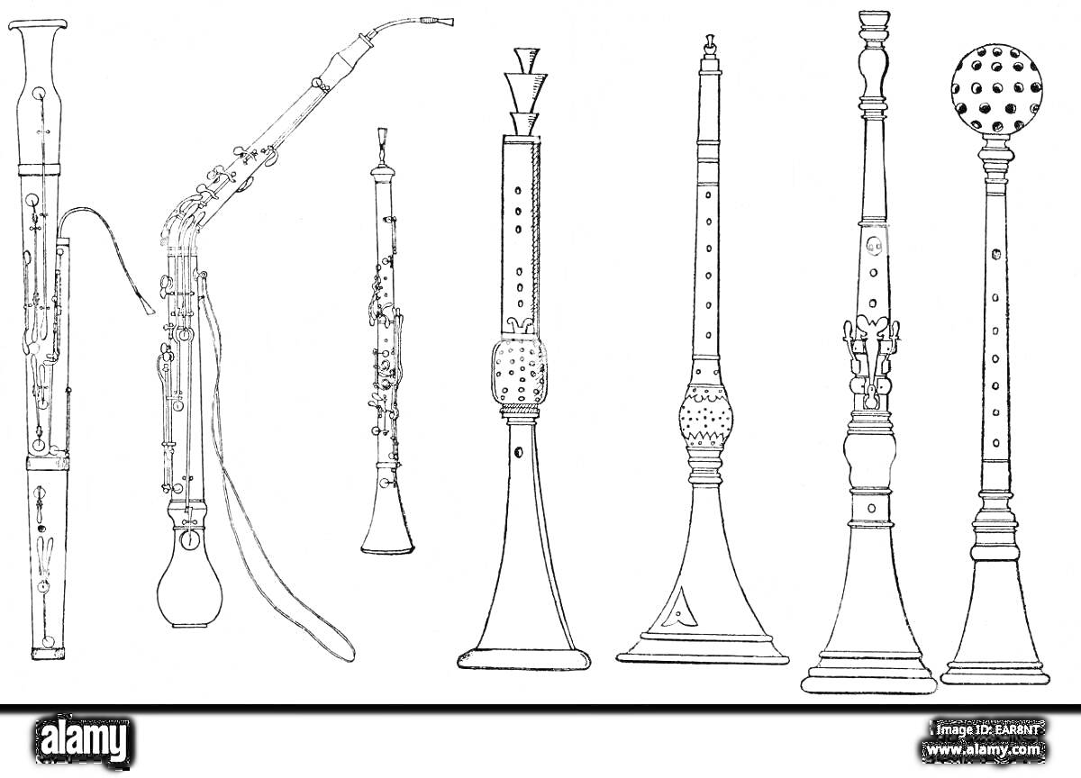 Раскраска духовые музыкальные инструменты в виде контурной иллюстрации